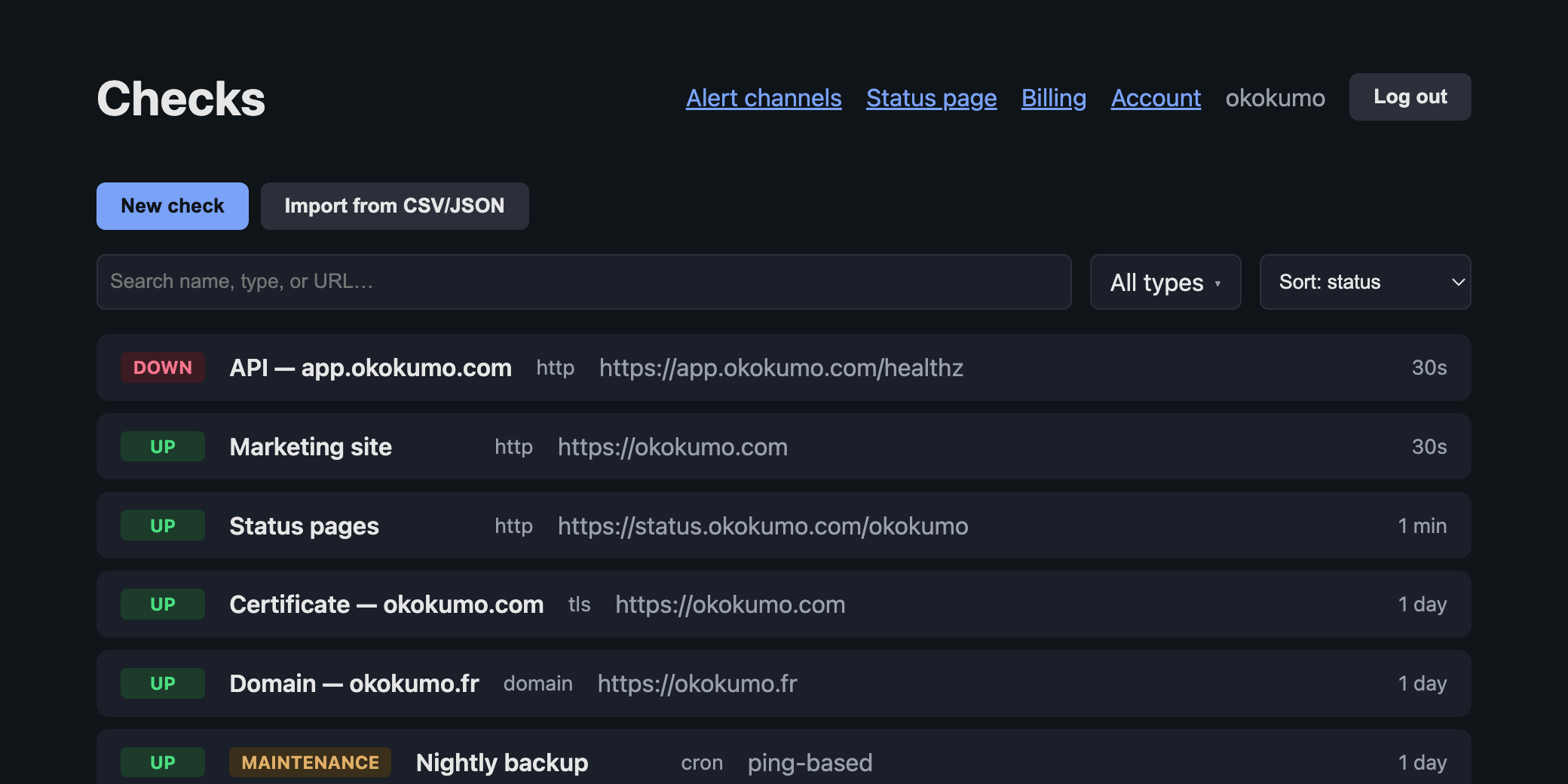 The okokumo dashboard listing HTTP, TLS, domain and cron checks with their current state