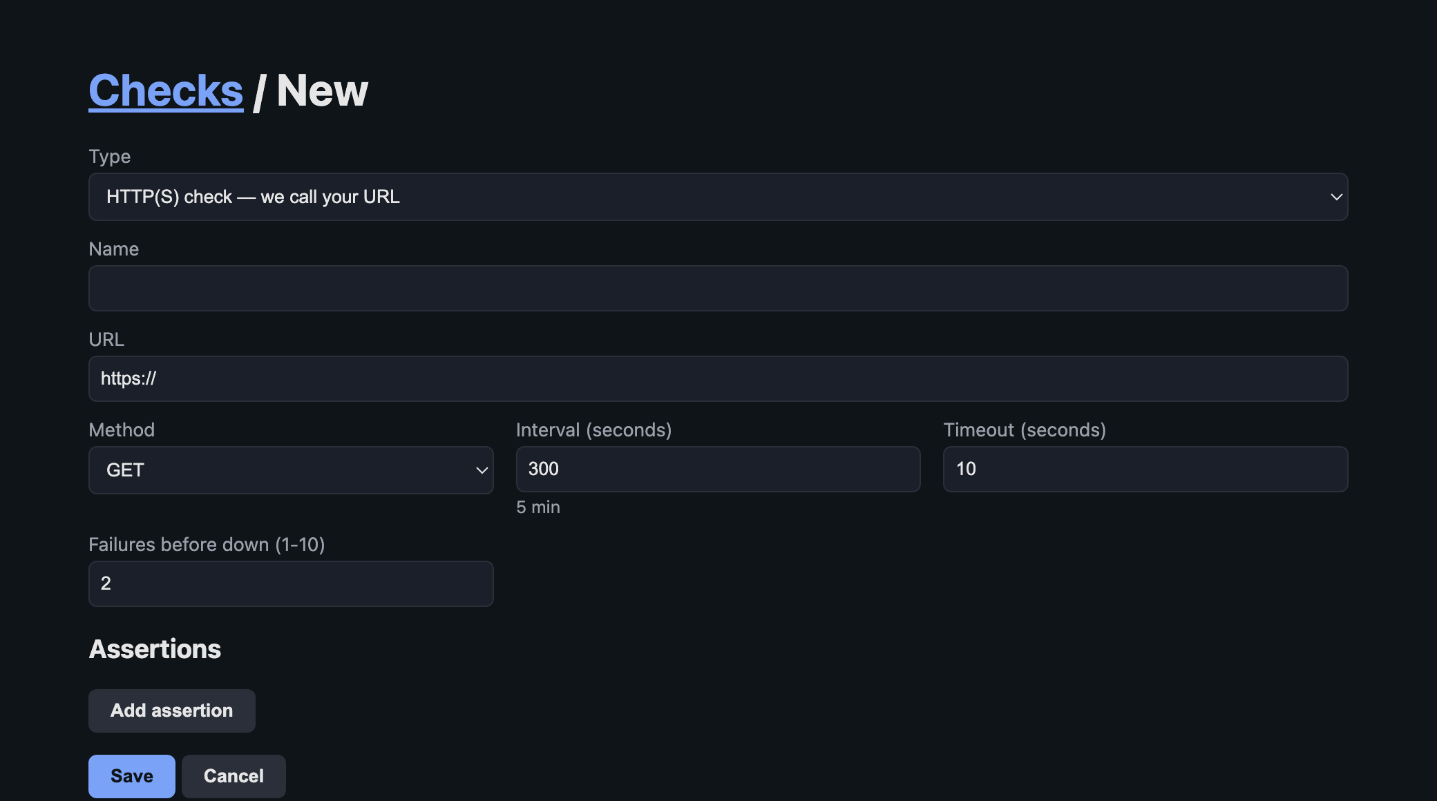 The new check form, with type, name, URL, interval, timeout and failure threshold